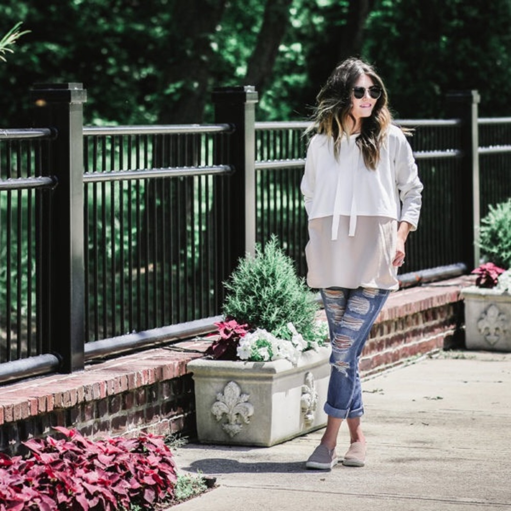 Neutral Color Block Hooded Pullover + Pockets